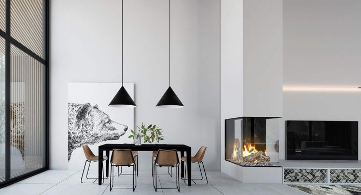 Black & White House décoration scandinave salon blanc avec cheminée