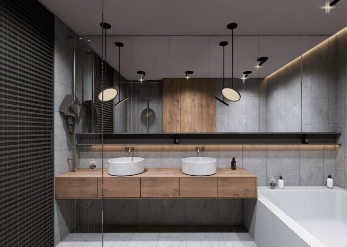 salle de bain contemporaine avec baignoire et double vasque