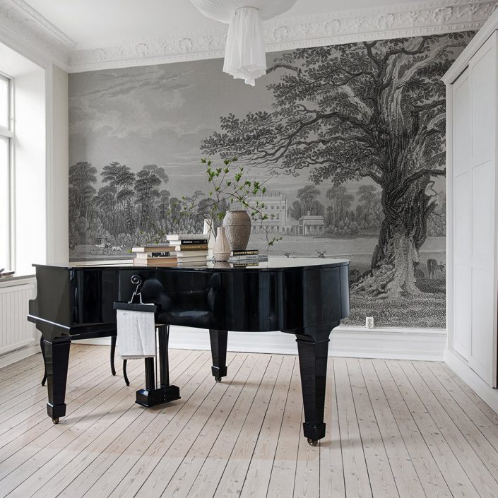salon piano avec papier peint panoramique noir et blanc arbre 