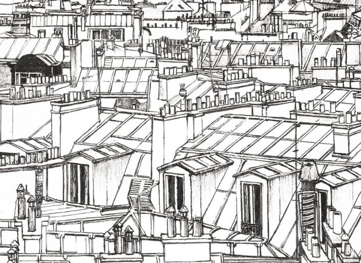 Gros Zoom sur une fenetre d'un immeuble sur le papier peint panoramique entre Montparnasse et la tour Eiffel