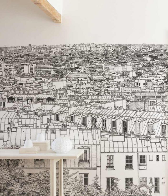 Un papier peint panoramique Opera Grand Palais a Paris dans un coin sejour avec poutre