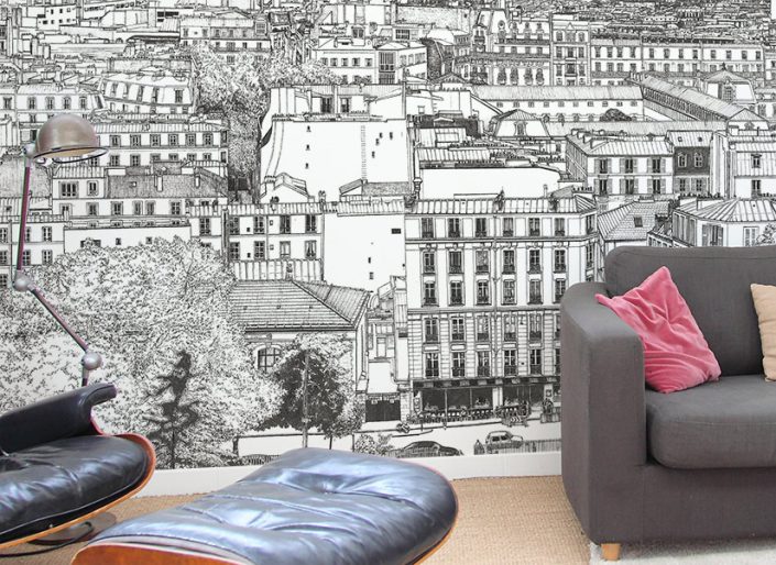 Zoom sur le papier peint big panoramique Montmartre d'un salon