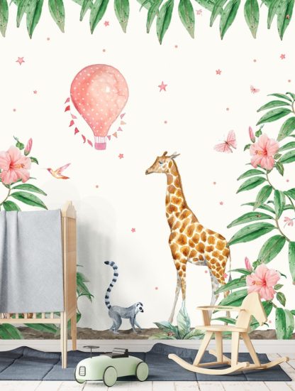 Papier peint avec girafe et montgolfière
