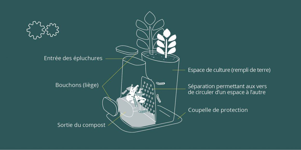 Schéma explicatif du fonctionnement d'un pot de fleur composteur. CP. Transfarmers 