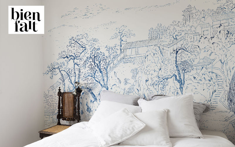 papier peint panoramique par le fabricant français Bien Fait chambre bleu et blanc style chine