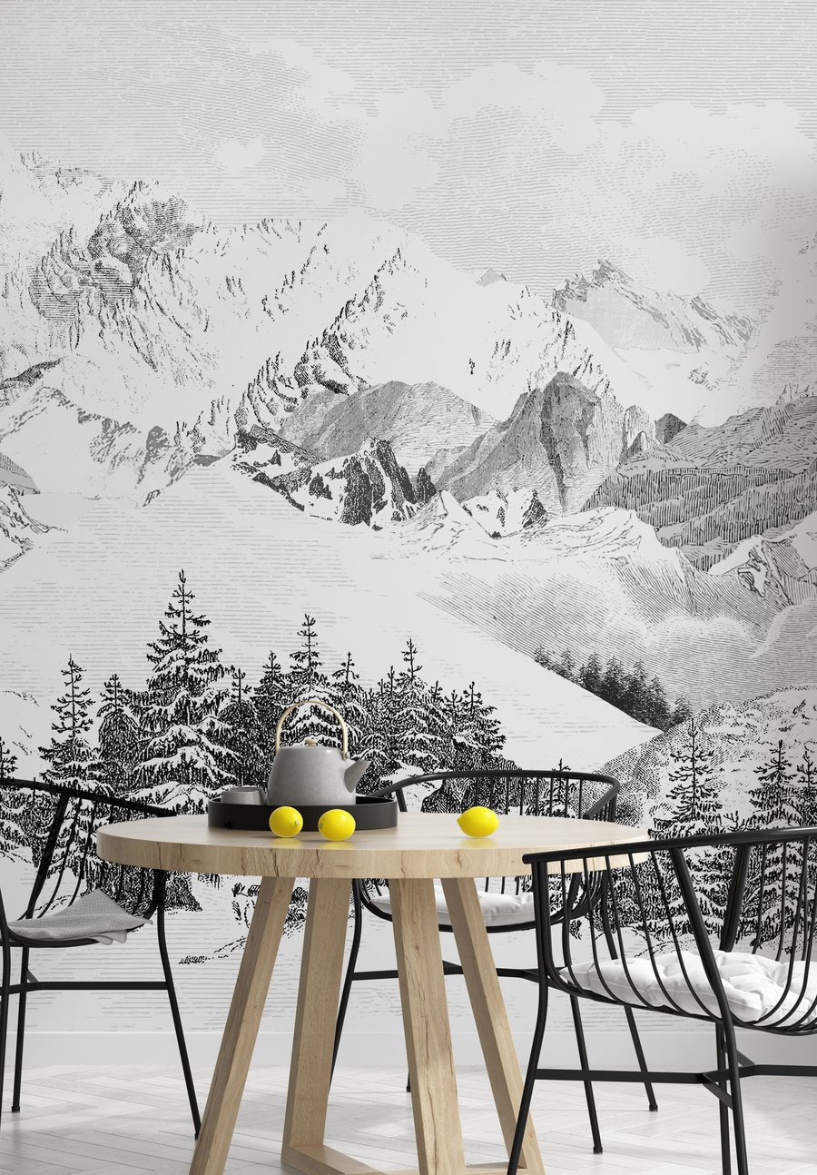 Papier peint représentant les Alpes en noir et blanc. Fabricant francais. Isidore Leroy montagne