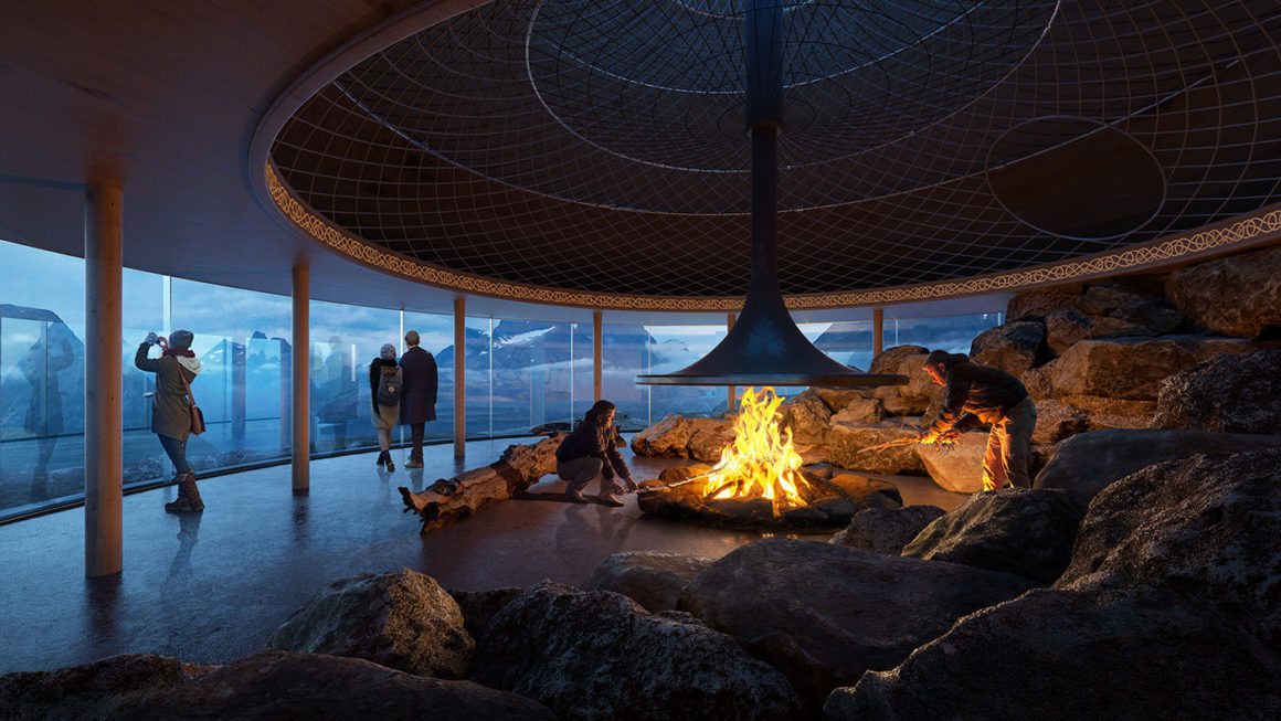 Vue de l'intérieur d'une yourte avec le grand feu.