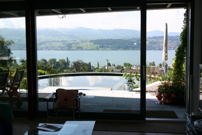 Une piscine naturelle avec une magnifique vue sur le lac de Zurich