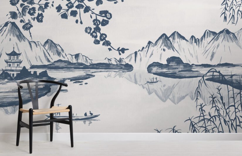 papier peint panoramique style traditionel chisnois liu montagne encre bleu