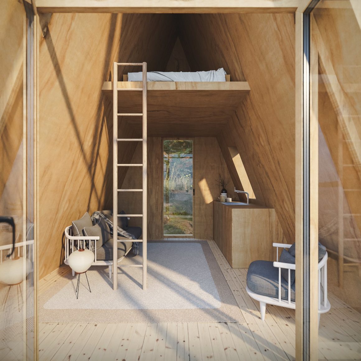 A Frame Bunk Cabin salon et cuisine cabane DEN