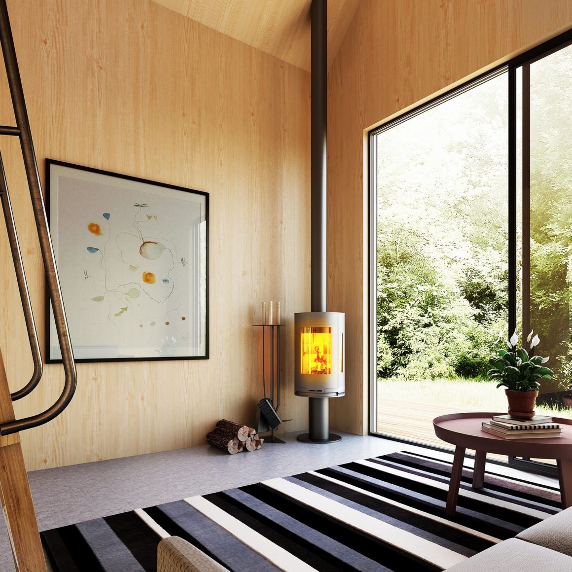 Loft Cabin salon avec poêle à bois cabane DEN