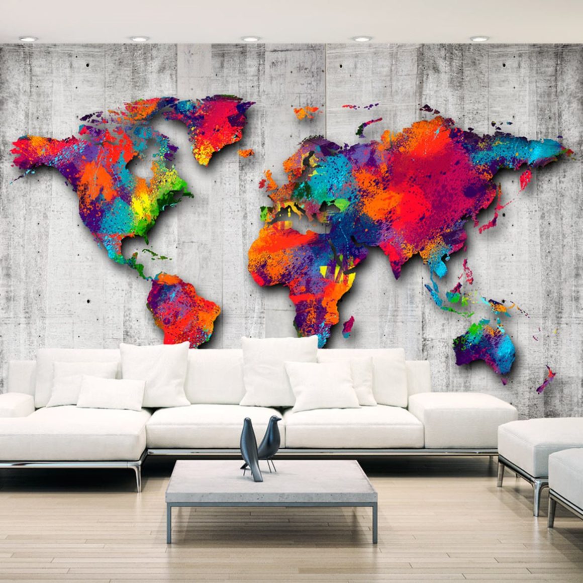 Carte du monde colorée sur papier peint panoramique béton salon design
