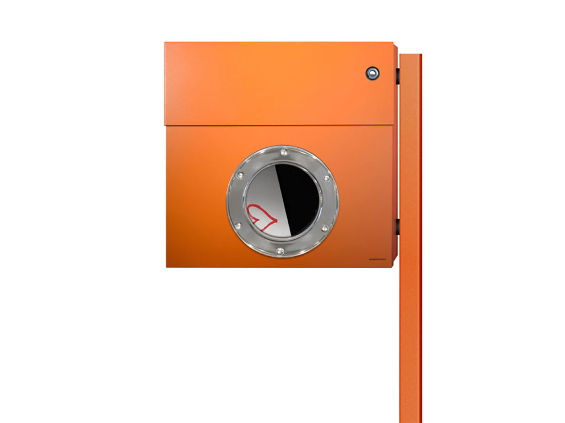 Boite aux lettres orange design et contemporaine letterman de radius avec hublot et sonnette lumineuse 